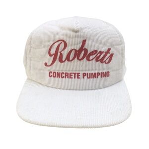 ROBERTS CONCRETE PUMPING - 1980 White Corduroy Trucker Hat Vintage Deadstock VTG